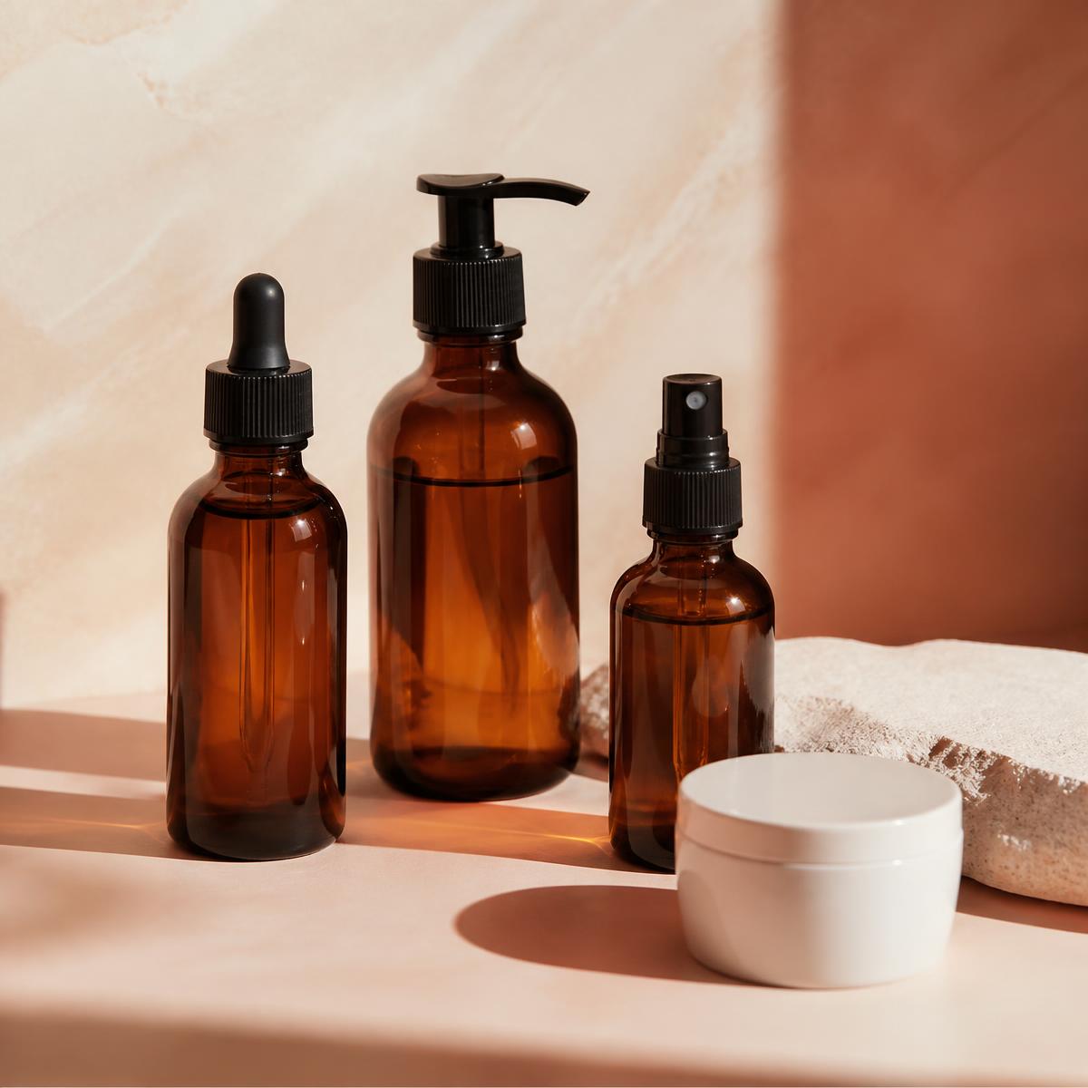 Three amber glass skincare bottles and a small white jar on a warm peach background.