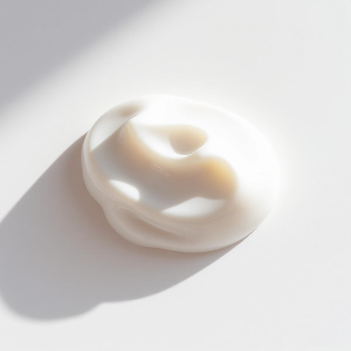 A dollop of white cream swatched on a matte white surface.